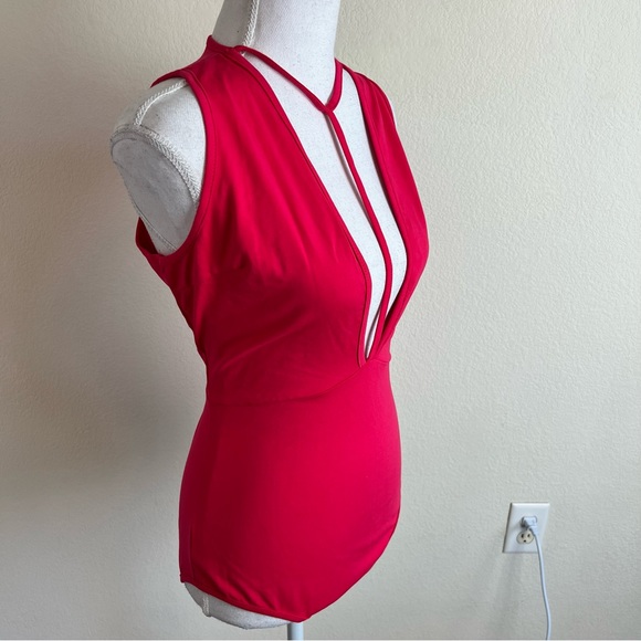 Hot Pink Harness Strappy Choker Plunge V-Neck Tank Bodysuit - Picture 2 of 11